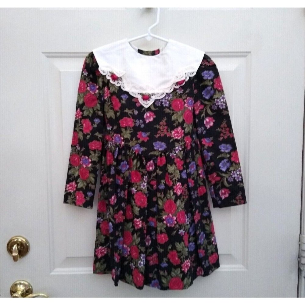 Vintage Girls Bonnie Jean Dress Black Floral Long Sleeve‎ Lace Size 6X